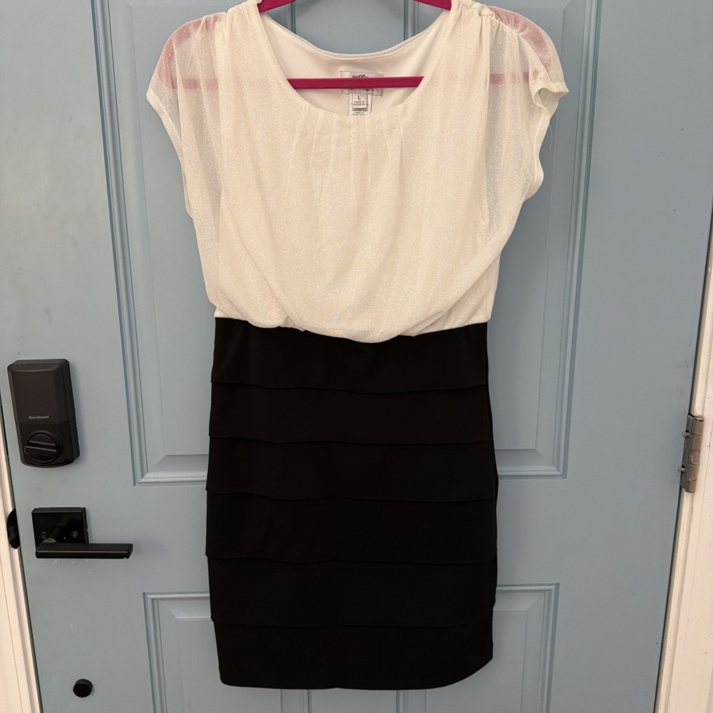 Sweet Storm Career Dress Blousy White Top Black Layered Skirt  Pullover SZ L EUC